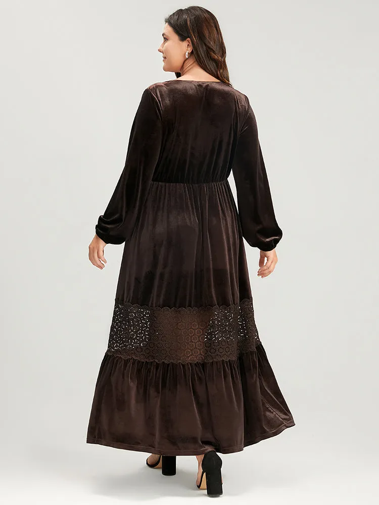 Solid Lace Lantern Sleeve Pocket Tie Up Velvet Maxi Dress sold by Bloomchic product image thumbnail 2
