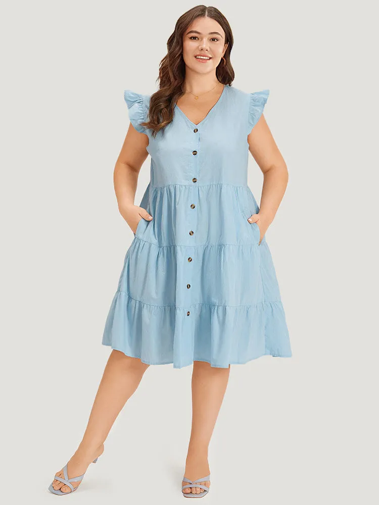 Plain Button Through Ruffle Layered Hem Cap Sleeve Dress sold by Bloomchic product image thumbnail 2