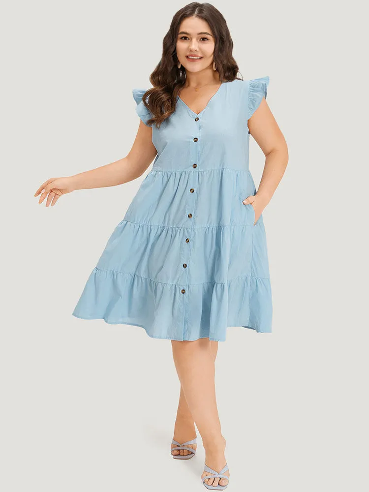 Plain Button Through Ruffle Layered Hem Cap Sleeve Dress sold by Bloomchic product image thumbnail 3