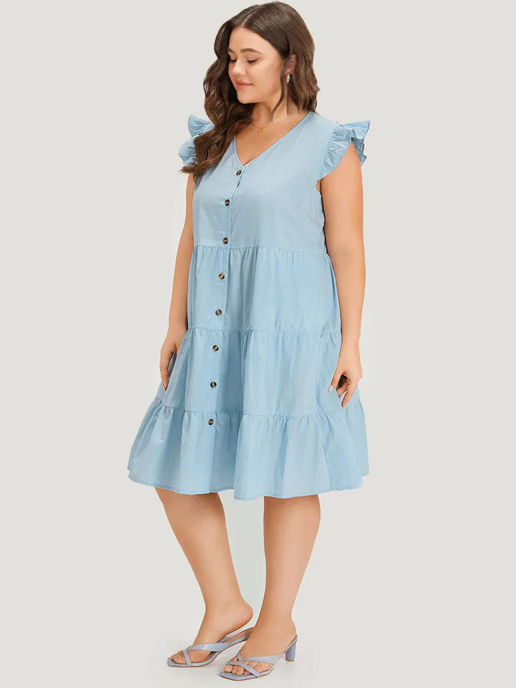 Plain Button Through Ruffle Layered Hem Cap Sleeve Dress sold by Bloomchic product image thumbnail 5