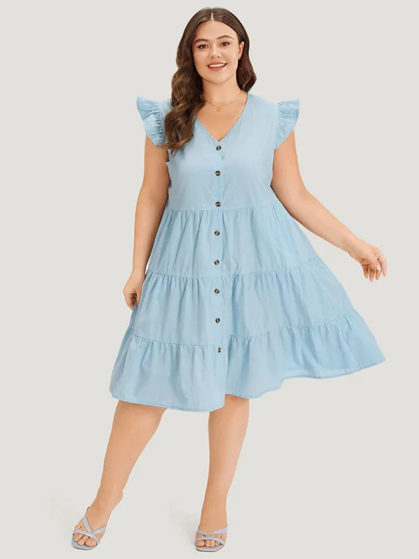 Plain Button Through Ruffle Layered Hem Cap Sleeve Dress sold by Bloomchic