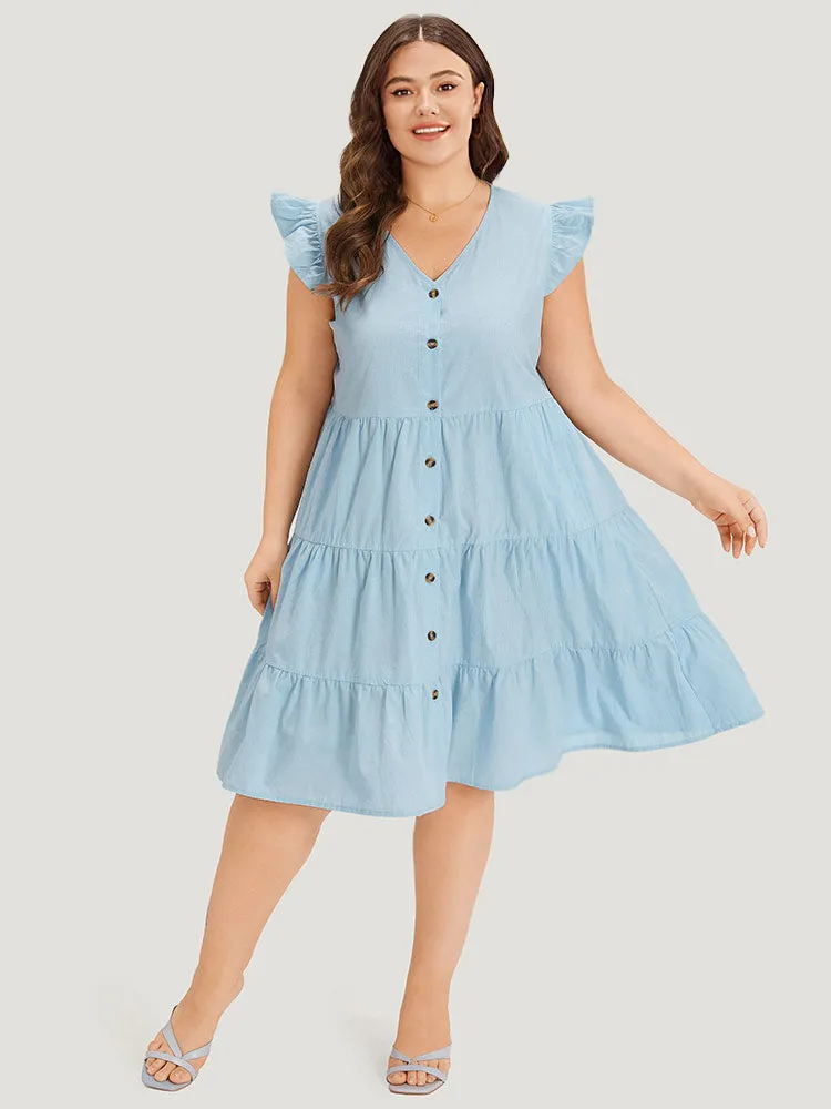 Plain Button Through Ruffle Layered Hem Cap Sleeve Dress sold by Bloomchic