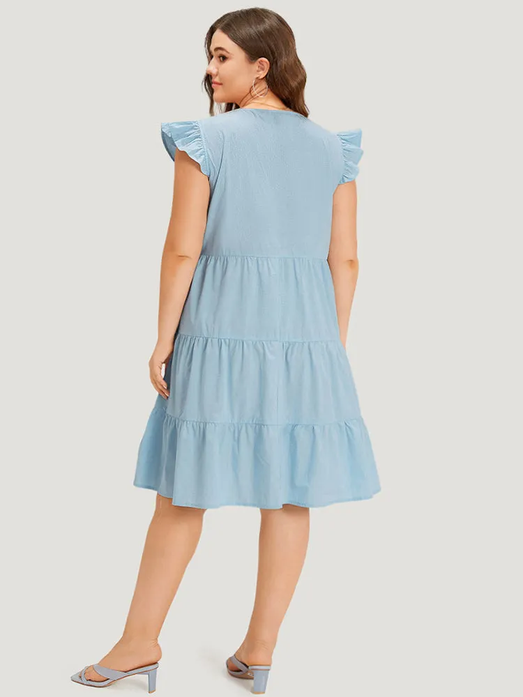Plain Button Through Ruffle Layered Hem Cap Sleeve Dress sold by Bloomchic product image thumbnail 4