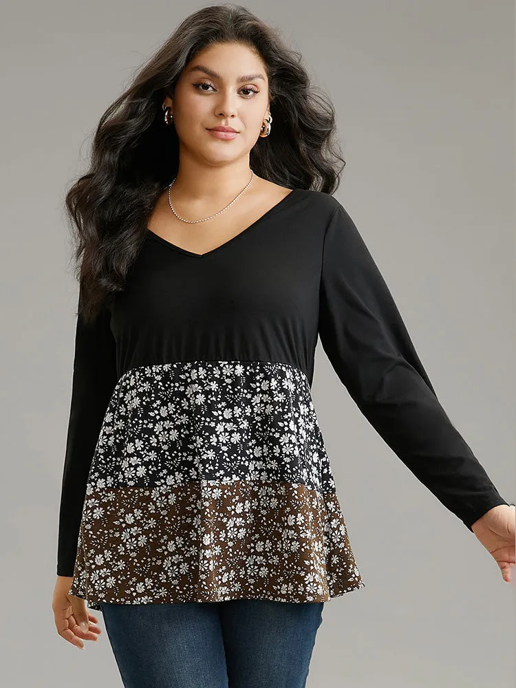 Ditsy Floral Colorblock Contrast Ruffle Hem T-shirt sold by Bloomchic