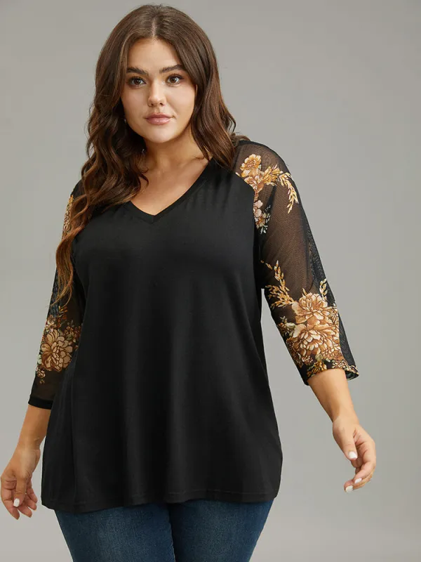 Floral Print Patchwork Mesh T-shirt sold by Bloomchic