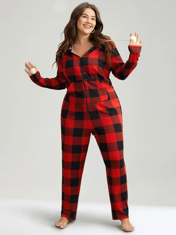 Plaid Zipper Hooded Fluffy Ball Pocket Sleep Jumpsuit sold by Bloomchic