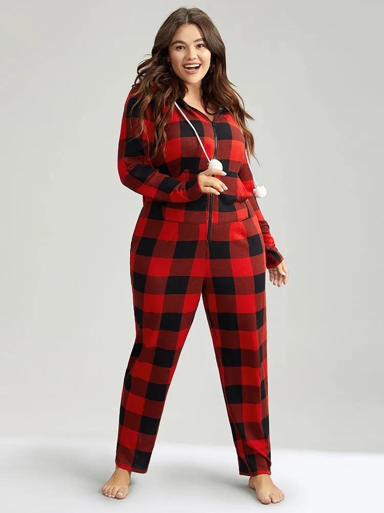 Plaid Zipper Hooded Fluffy Ball Pocket Sleep Jumpsuit sold by Bloomchic product image thumbnail 3