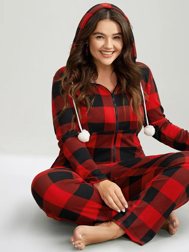 Plaid Zipper Hooded Fluffy Ball Pocket Sleep Jumpsuit sold by Bloomchic product image thumbnail 5