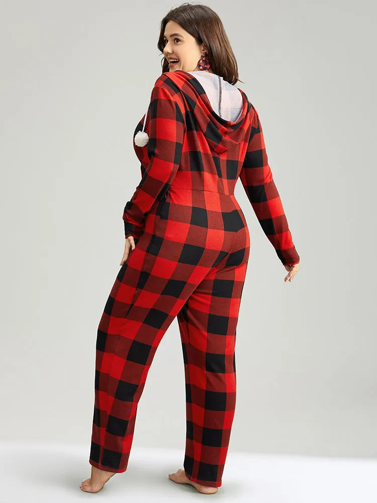 Plaid Zipper Hooded Fluffy Ball Pocket Sleep Jumpsuit sold by Bloomchic product image thumbnail 2