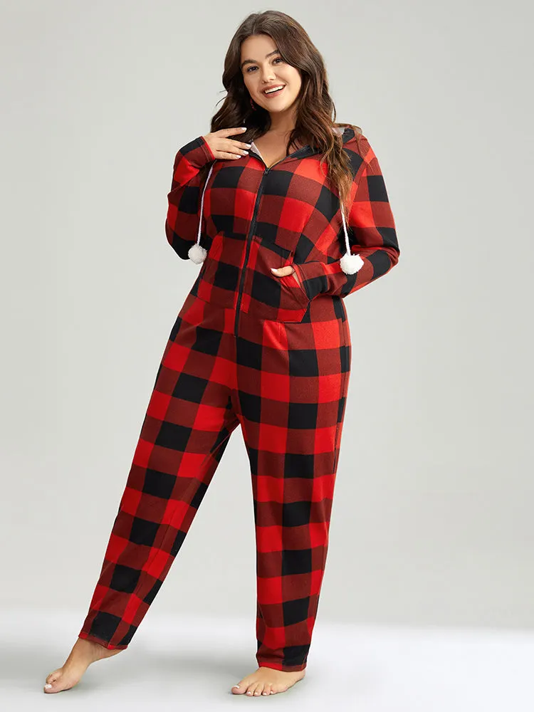 Plaid Zipper Hooded Fluffy Ball Pocket Sleep Jumpsuit sold by Bloomchic product image thumbnail 4