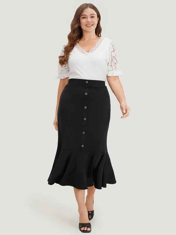 Plain Button Detail Flutter Hem Patchwork Skirt sold by Bloomchic