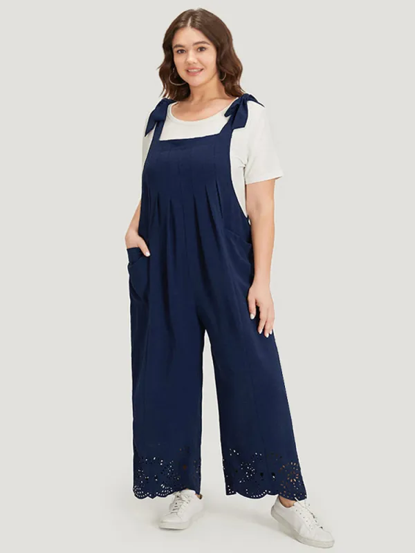 Solid Pleated Patched Pocket Laser Cut Overall Jumpsuit sold by Bloomchic