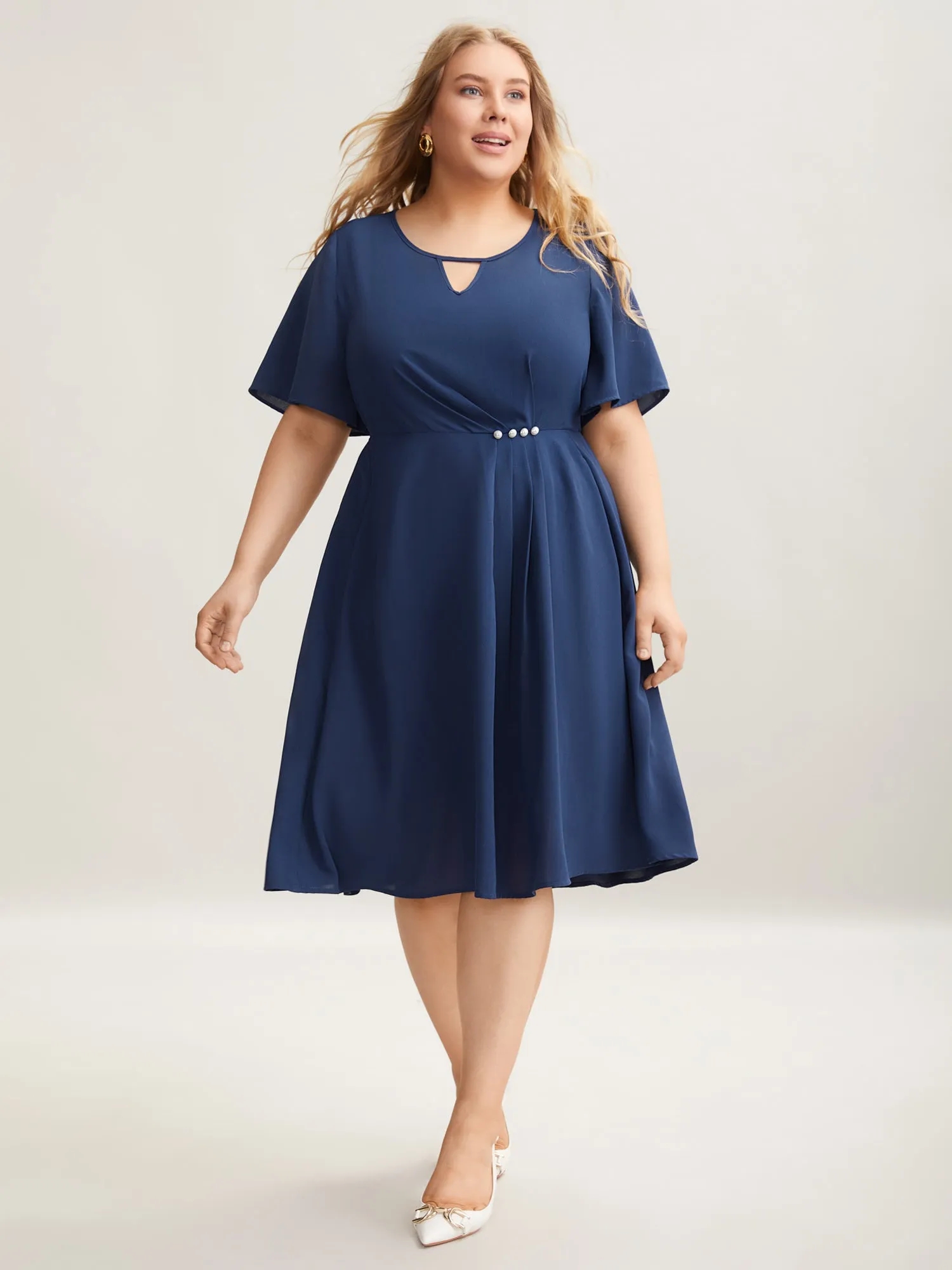 Neck Cut-Out Pearl Button Pleated Dress sold by Bloomchic