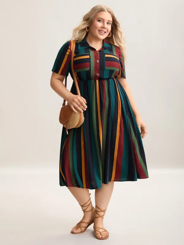 Multi-Color Striped Print Pockets Shirt Dress sold by Bloomchic