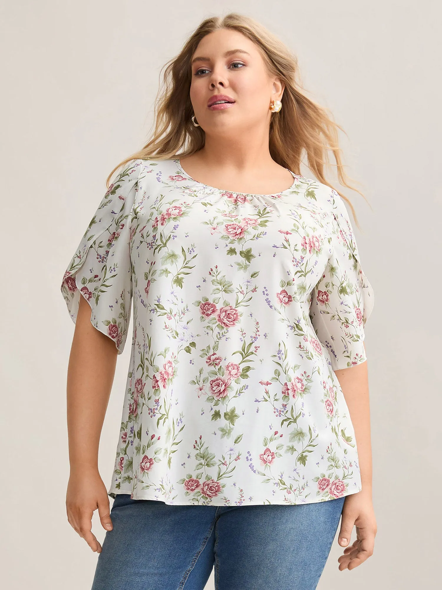 Floral Print Petal Sleeve Pleated Blouse sold by Bloomchic