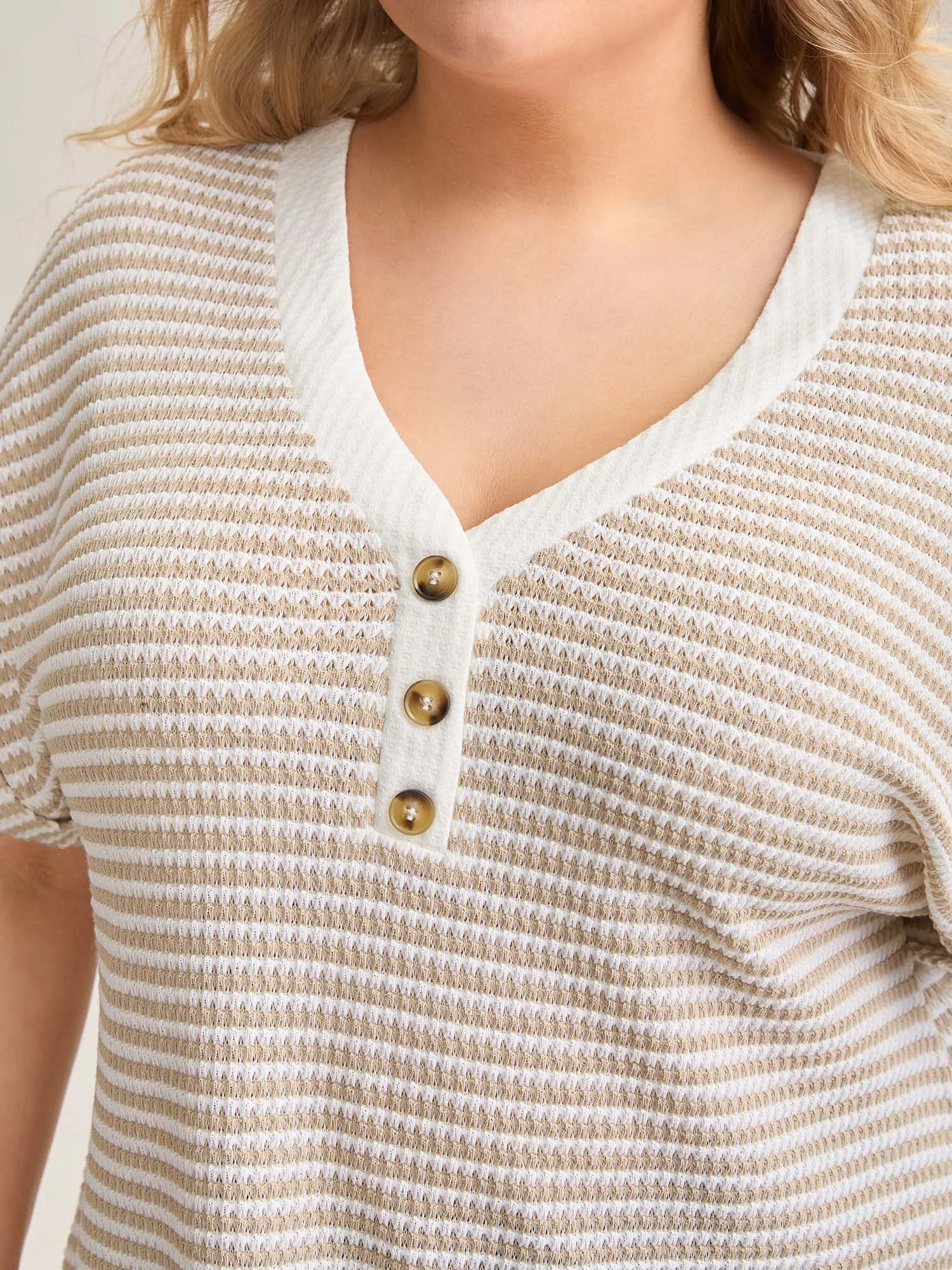 Striped Half Placket Waffle T-Shirt sold by Bloomchic product image thumbnail 2