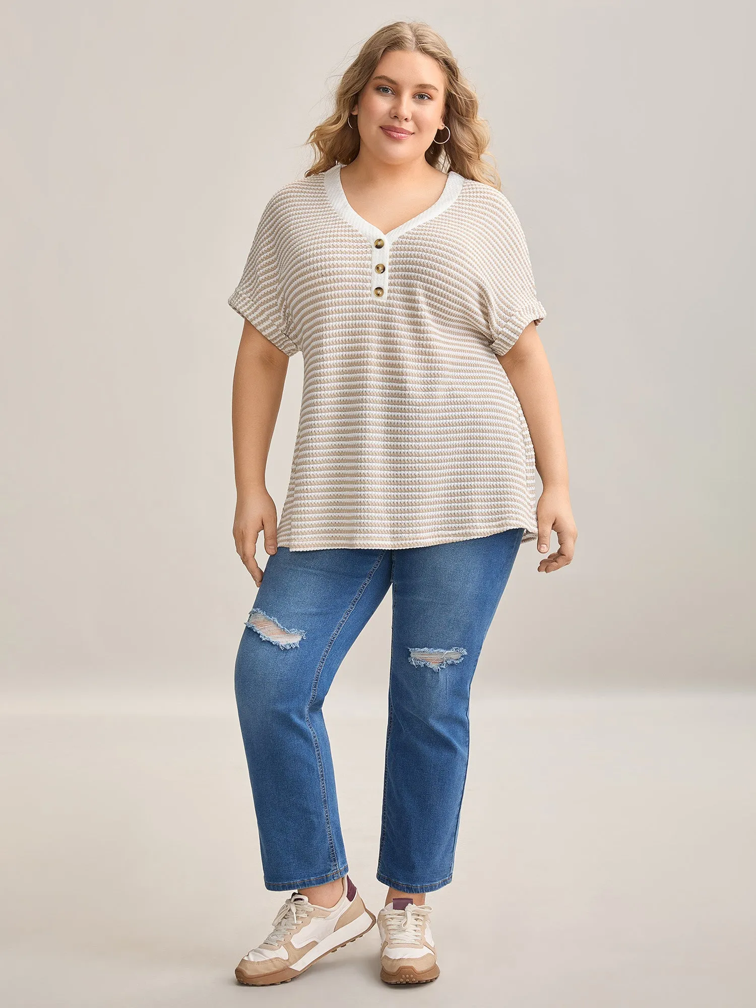 Striped Half Placket Waffle T-Shirt sold by Bloomchic product image thumbnail 3