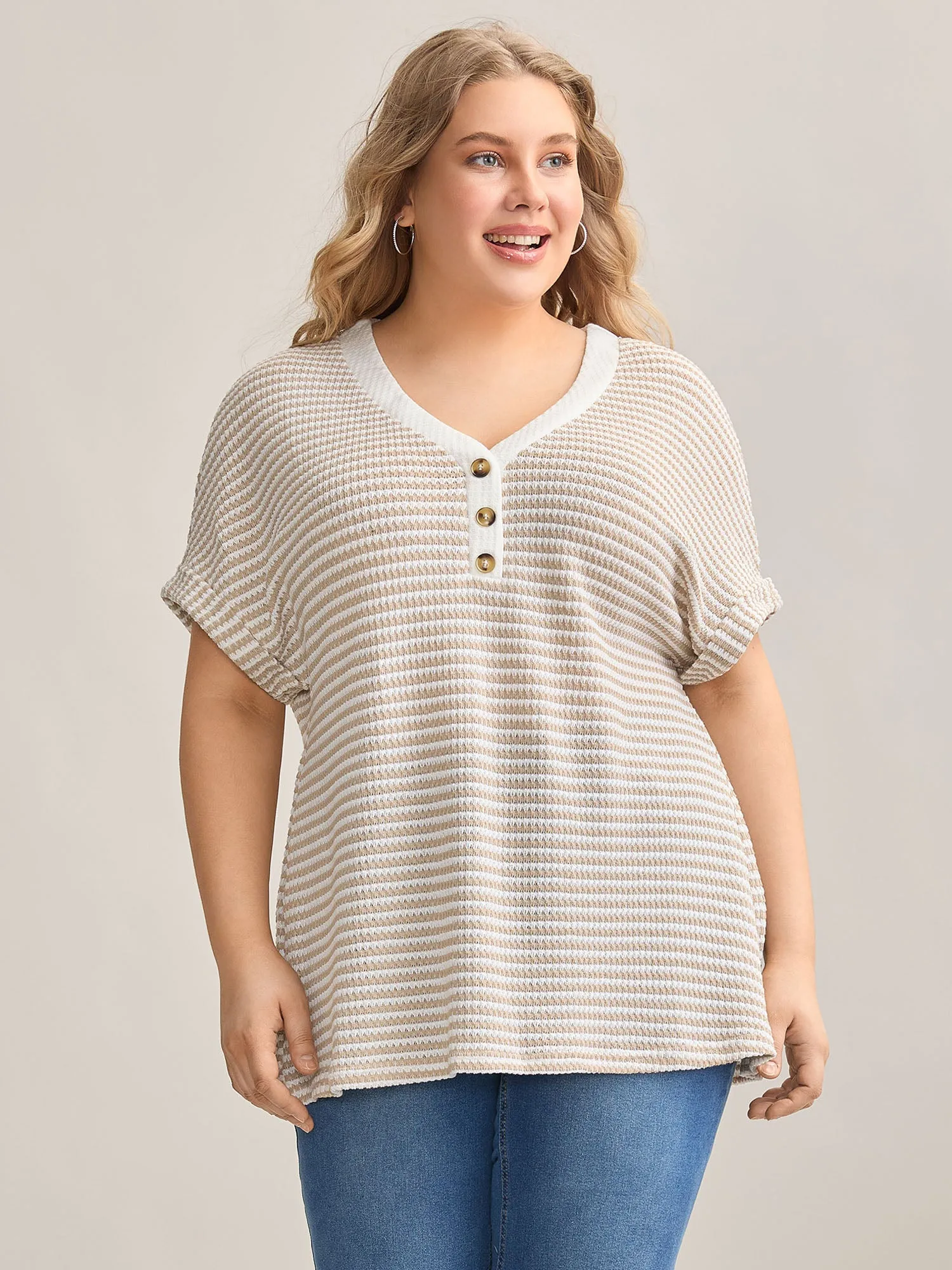 Striped Half Placket Waffle T-Shirt sold by Bloomchic