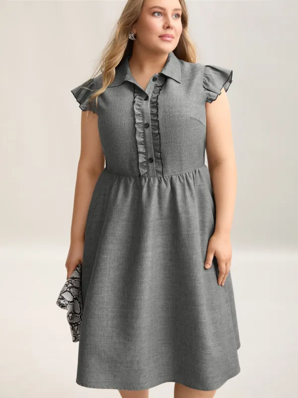 Ruffled Trim Shirt Collar Flared Midi Dress sold by Bloomchic