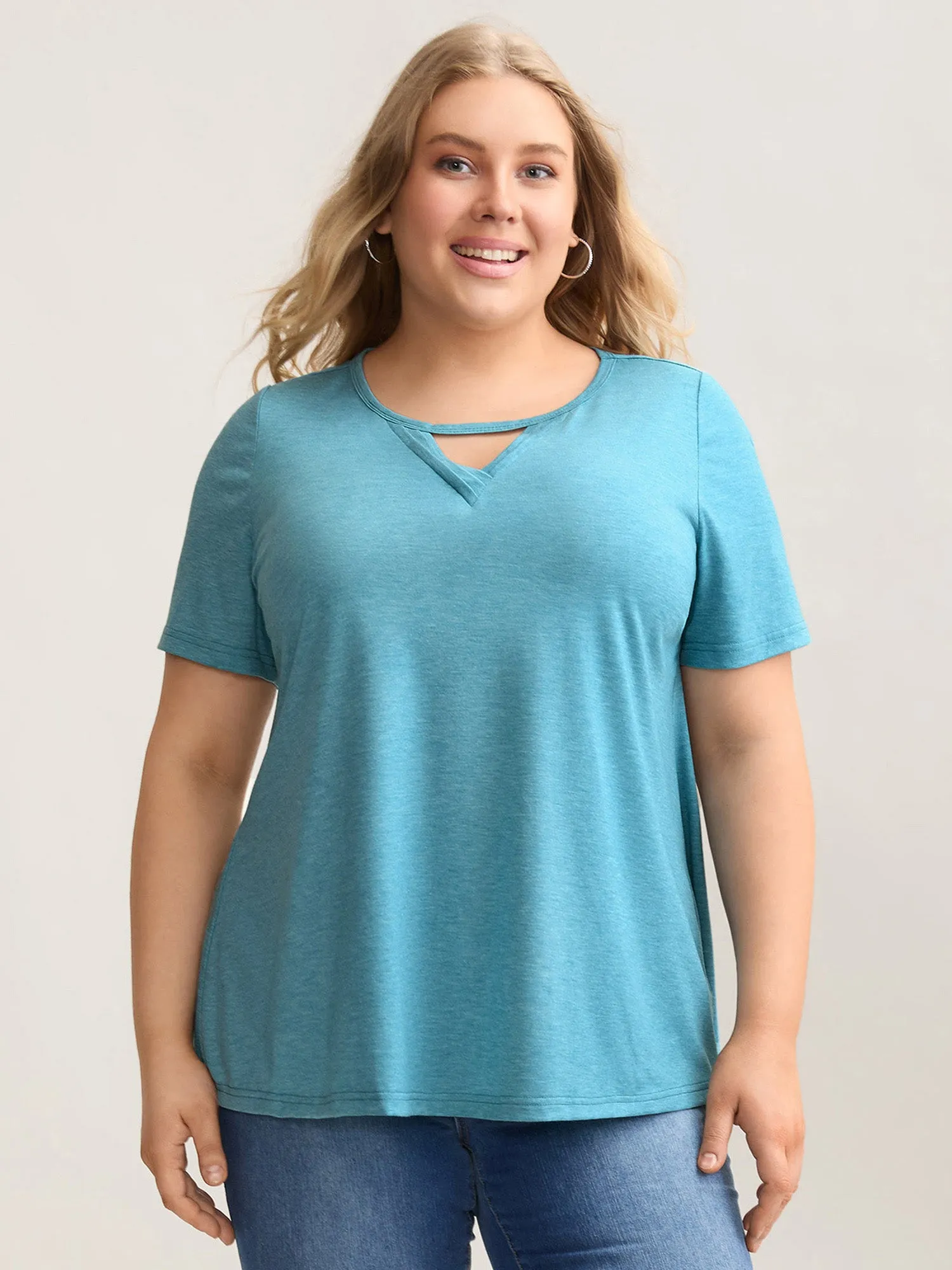 Heathered Split Neck Curvy-Fit T-Shirt sold by Bloomchic