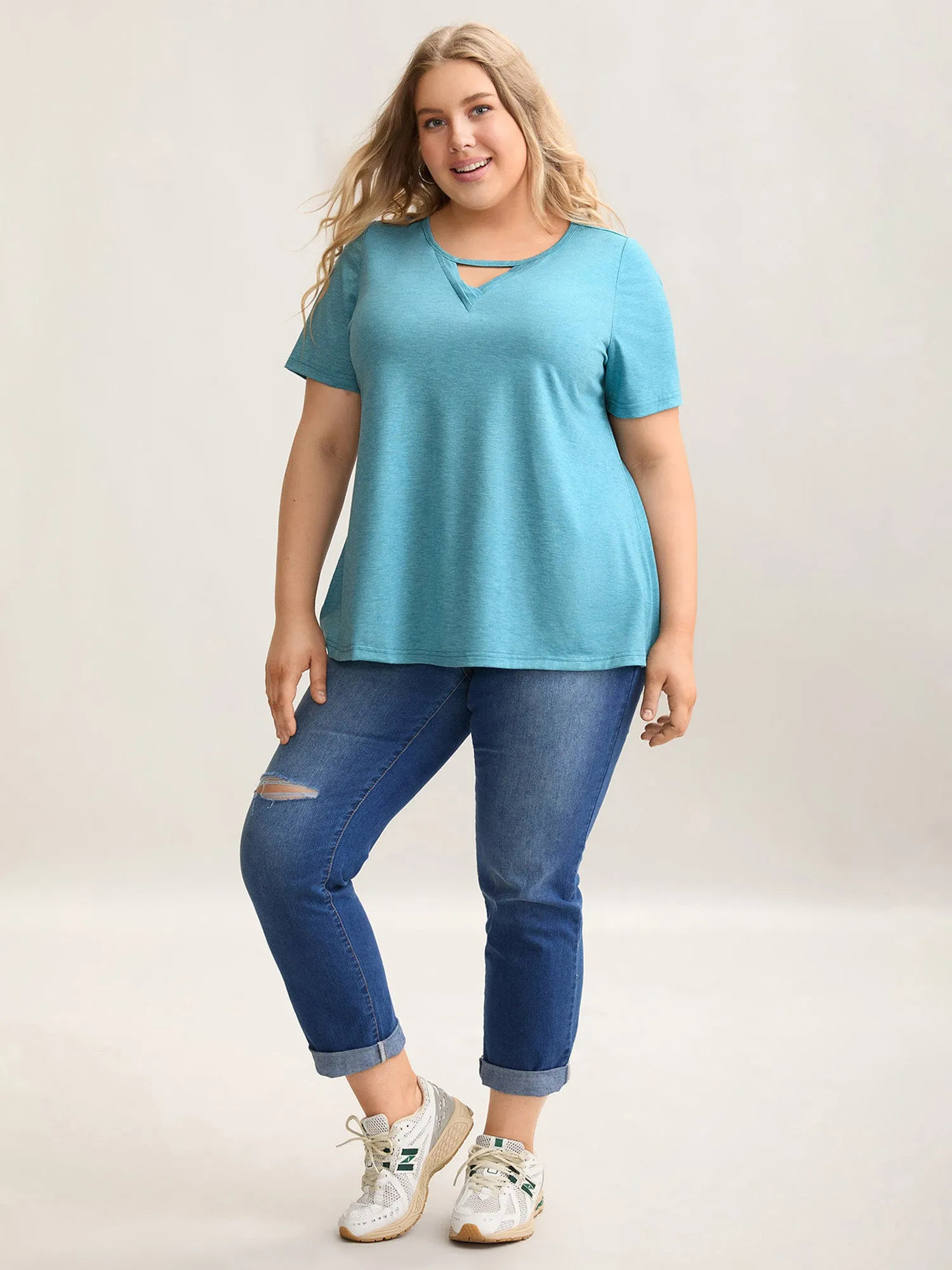 Heathered Split Neck Curvy-Fit T-Shirt sold by Bloomchic product image thumbnail 2