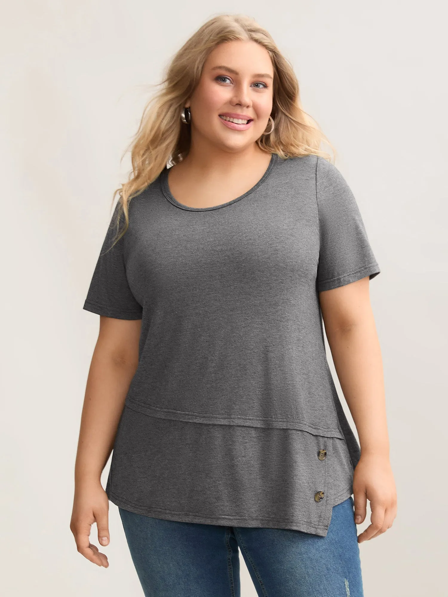 Asymmetrical Hem Buttons Plain Knit Top sold by Bloomchic
