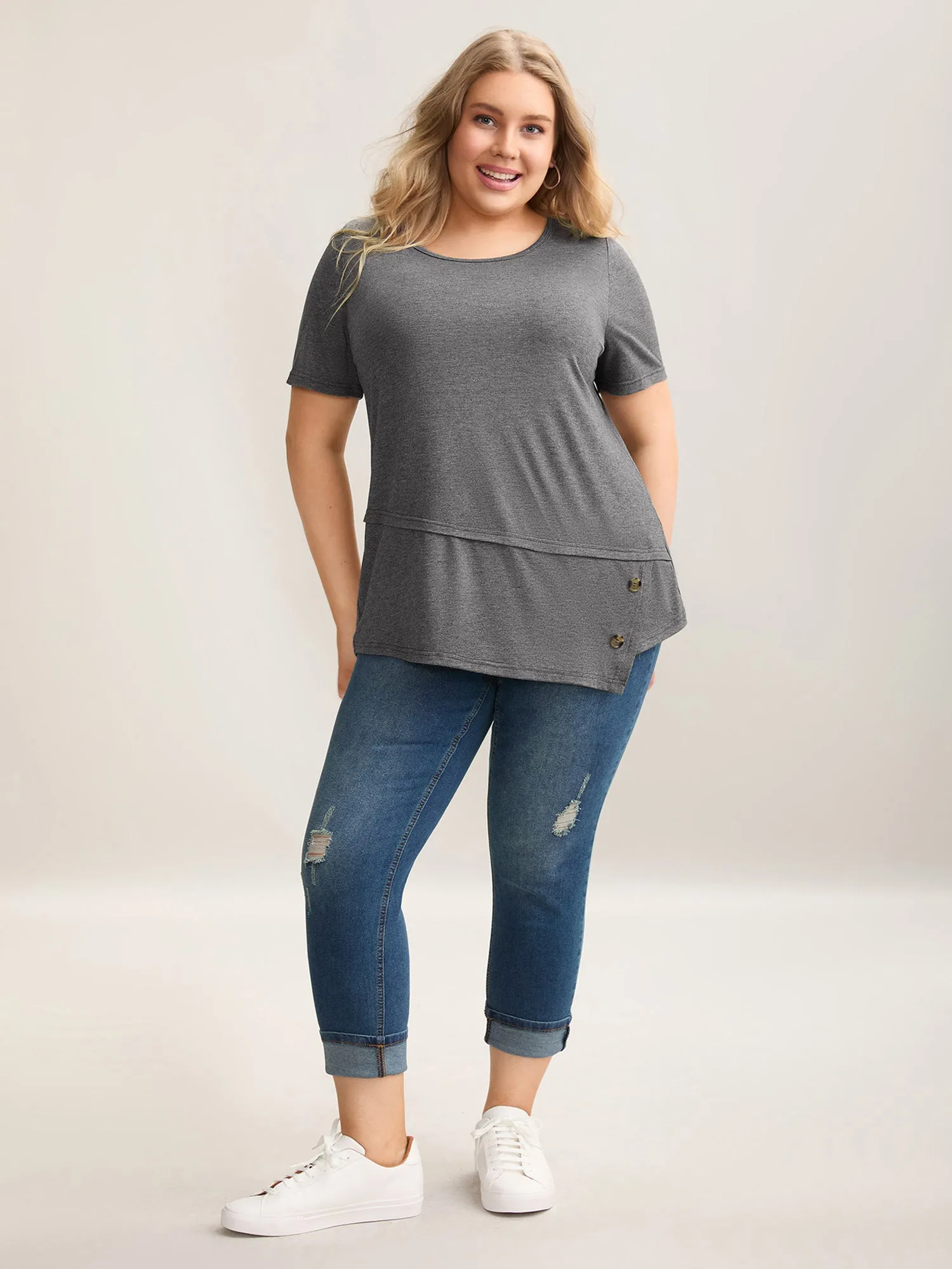 Asymmetrical Hem Buttons Plain Knit Top sold by Bloomchic product image thumbnail 2