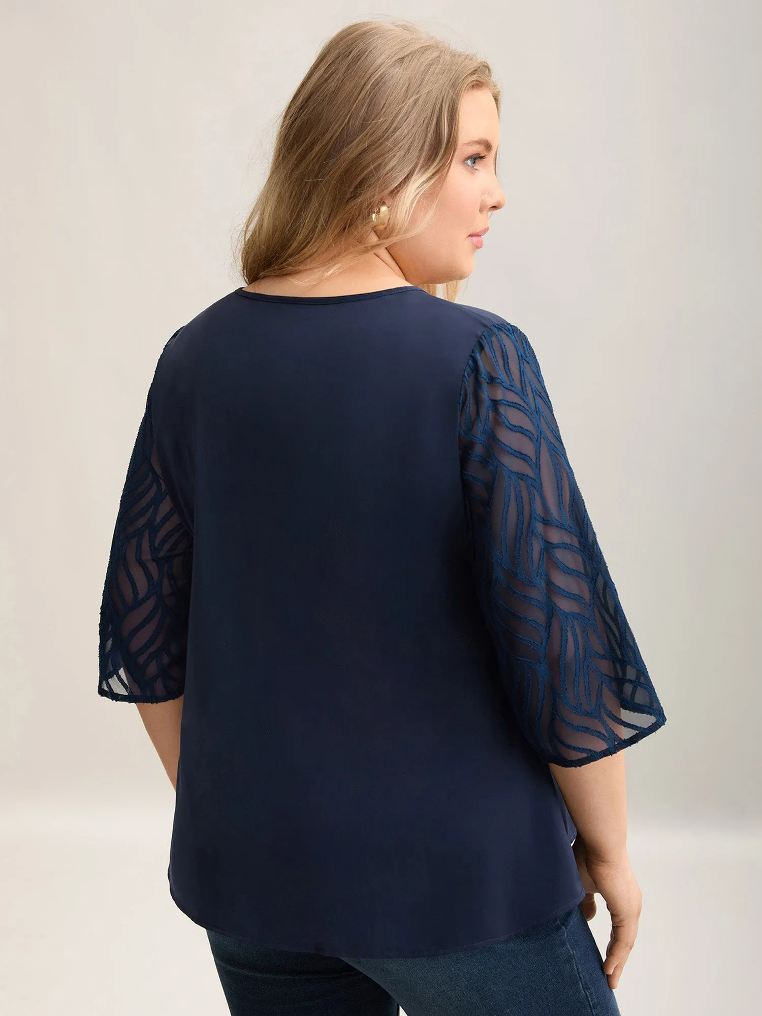 Sheer Mesh Sleeve Spliced V-Neck Blouse sold by Bloomchic product image thumbnail 3