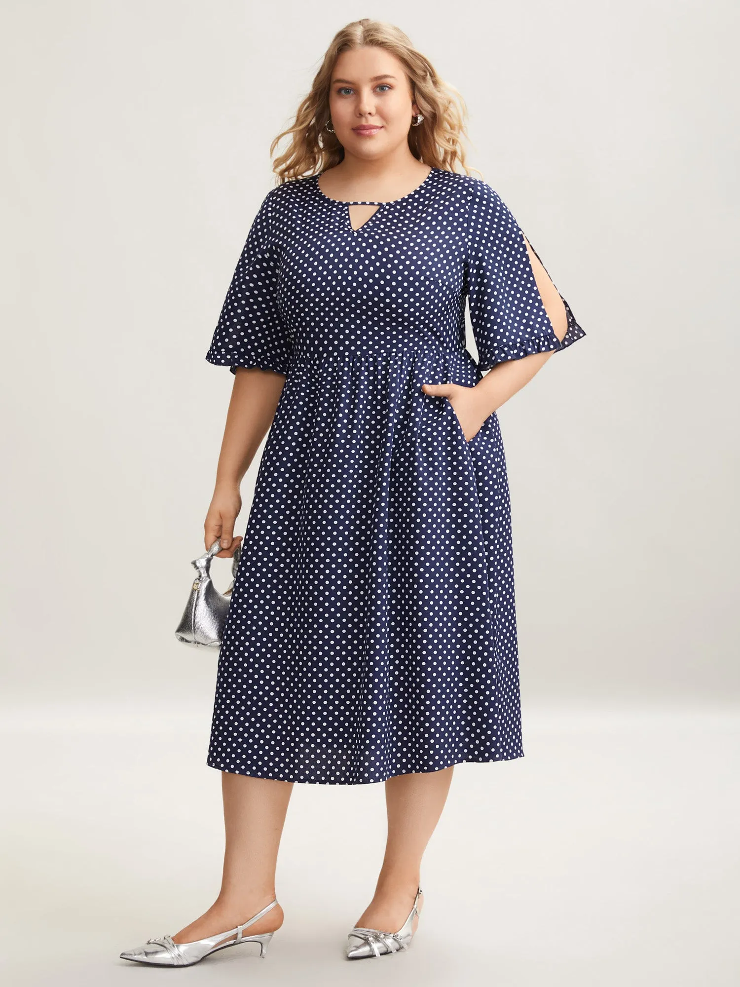 Polka Dot Print Slit Sleeve Pockets Midi Dress sold by Bloomchic