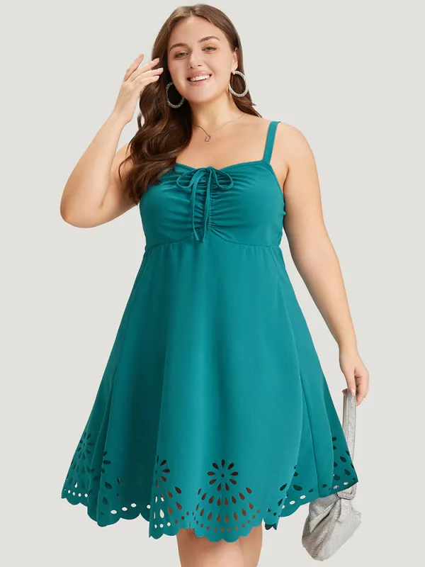 Plain Laser Cut Drawstring Pocket Ruched Cami Dress sold by Bloomchic