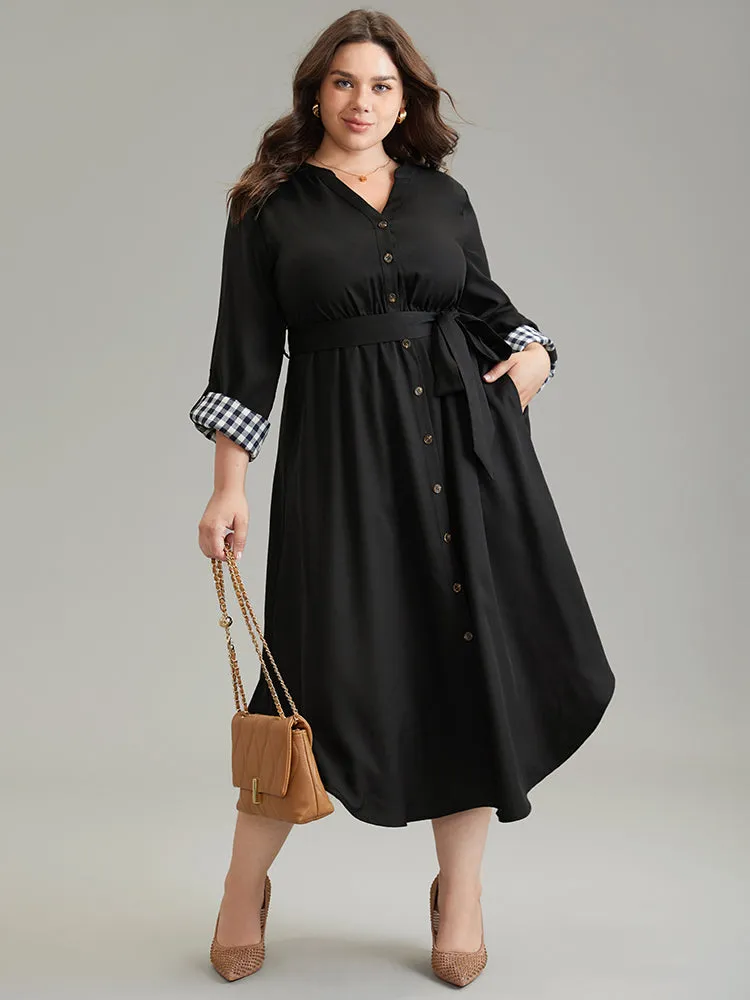 Gingham Notched Belted Curved Hem Tab Sleeve Dress sold by Bloomchic