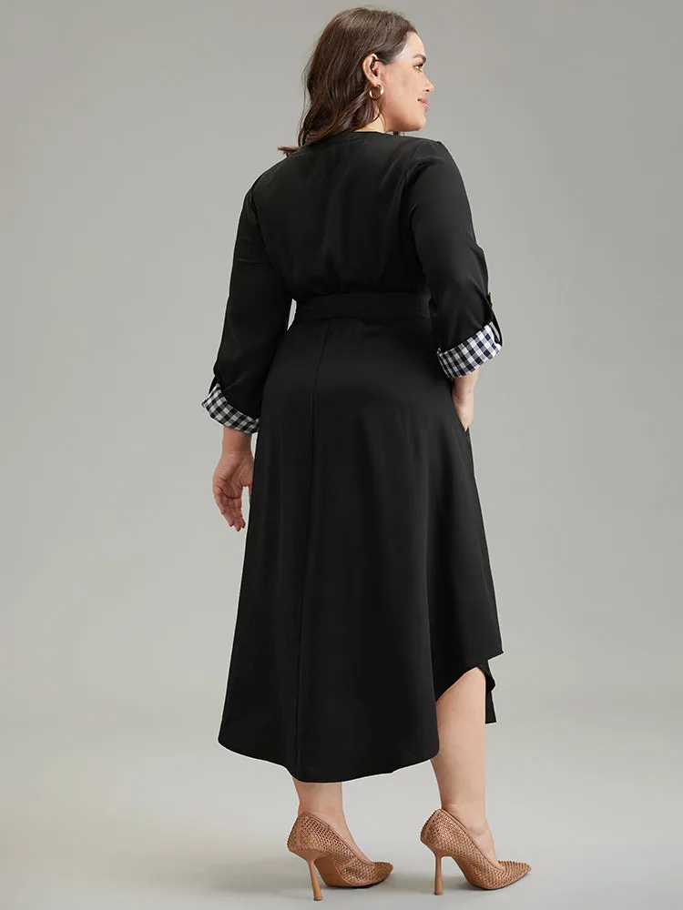 Gingham Notched Belted Curved Hem Tab Sleeve Dress sold by Bloomchic product image thumbnail 5