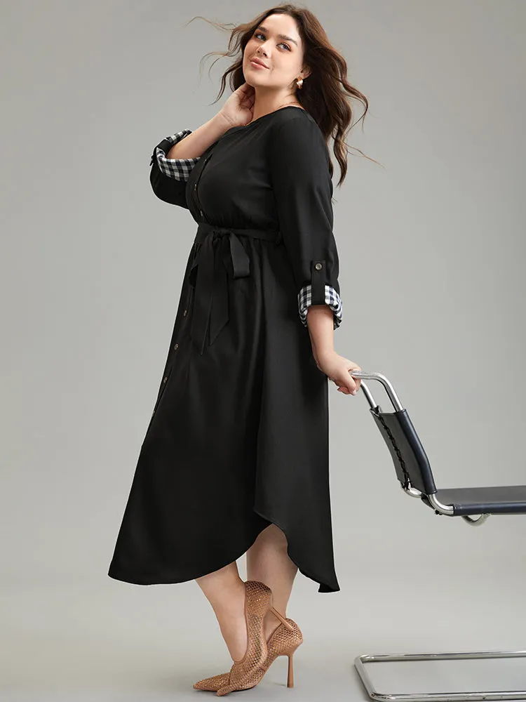 Gingham Notched Belted Curved Hem Tab Sleeve Dress sold by Bloomchic product image thumbnail 3