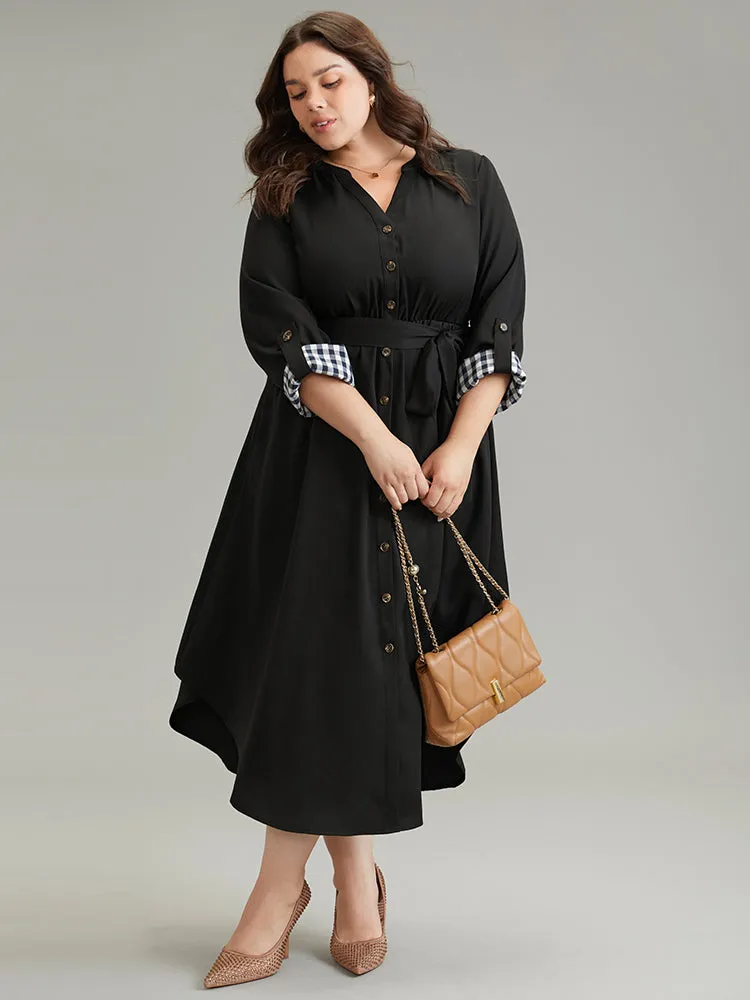 Gingham Notched Belted Curved Hem Tab Sleeve Dress sold by Bloomchic product image thumbnail 2