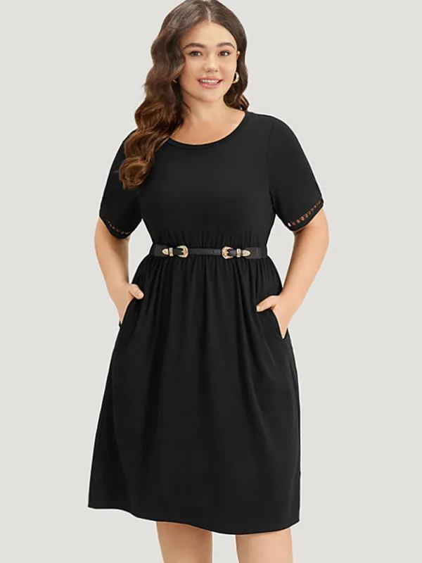 Plain Crew Neck Pocket Hollow Out Ruffle Hem Dress sold by Bloomchic