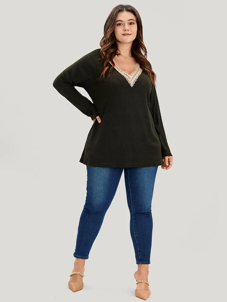 Solid Contrast Lace V Neck Rib Knit Long Tee sold by Bloomchic product image thumbnail 3