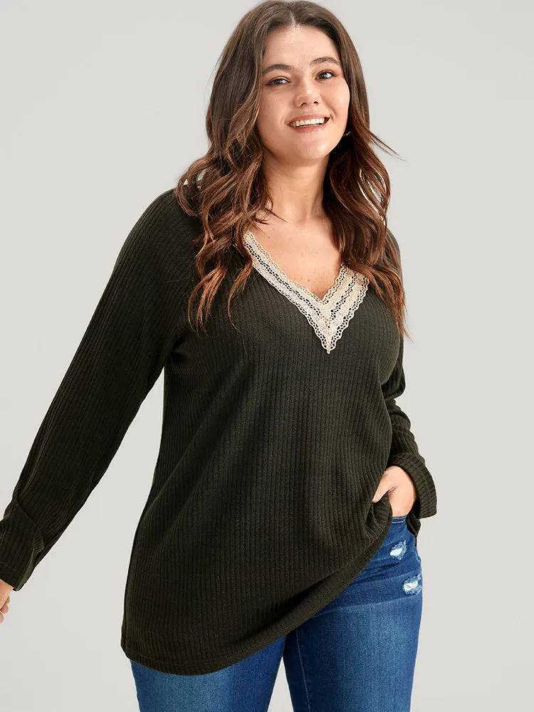 Solid Contrast Lace V Neck Rib Knit Long Tee sold by Bloomchic product image thumbnail 2