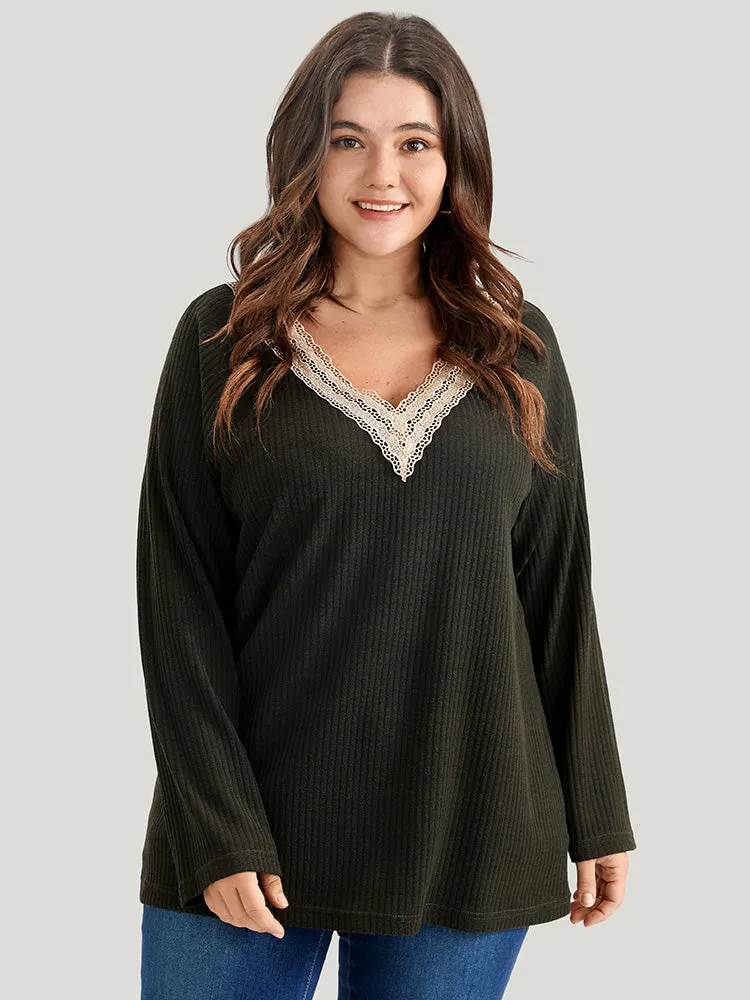 Solid Contrast Lace V Neck Rib Knit Long Tee sold by Bloomchic product image thumbnail 5
