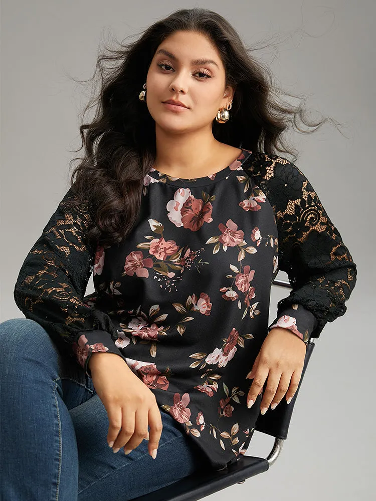 Floral Lace Panel Raglan Sleeve Sweatshirt sold by Bloomchic product image thumbnail 3
