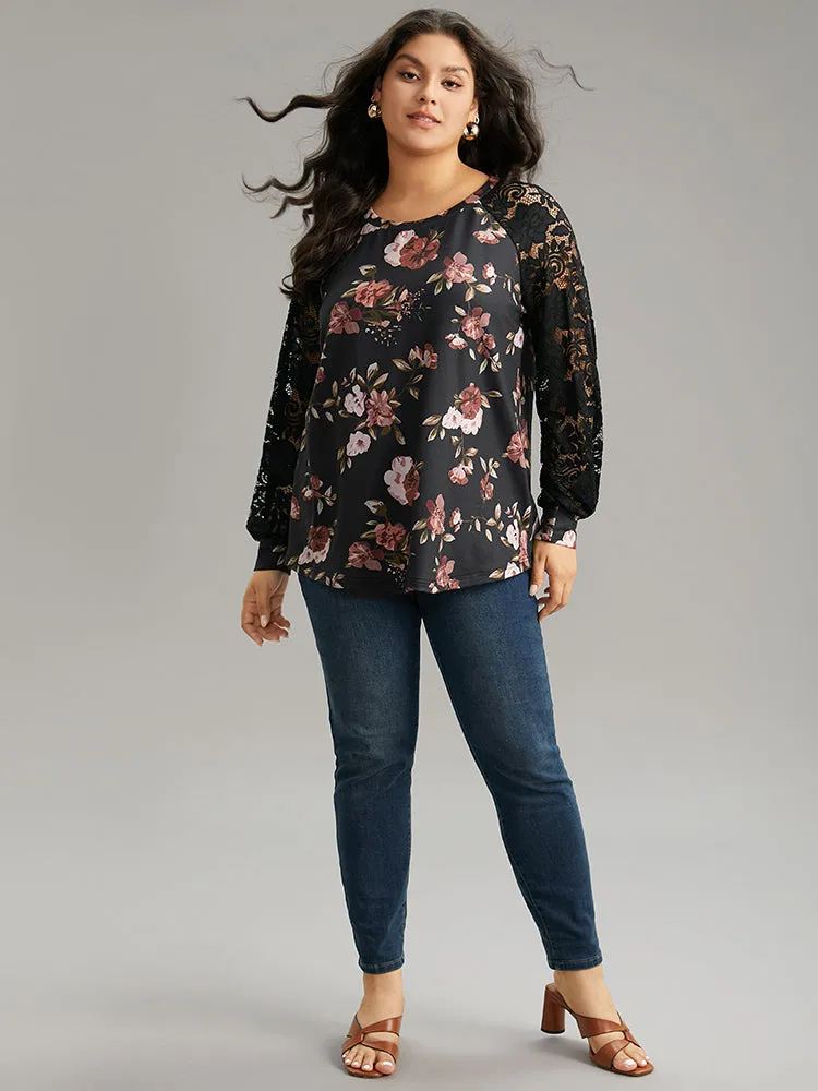 Floral Lace Panel Raglan Sleeve Sweatshirt sold by Bloomchic product image thumbnail 5