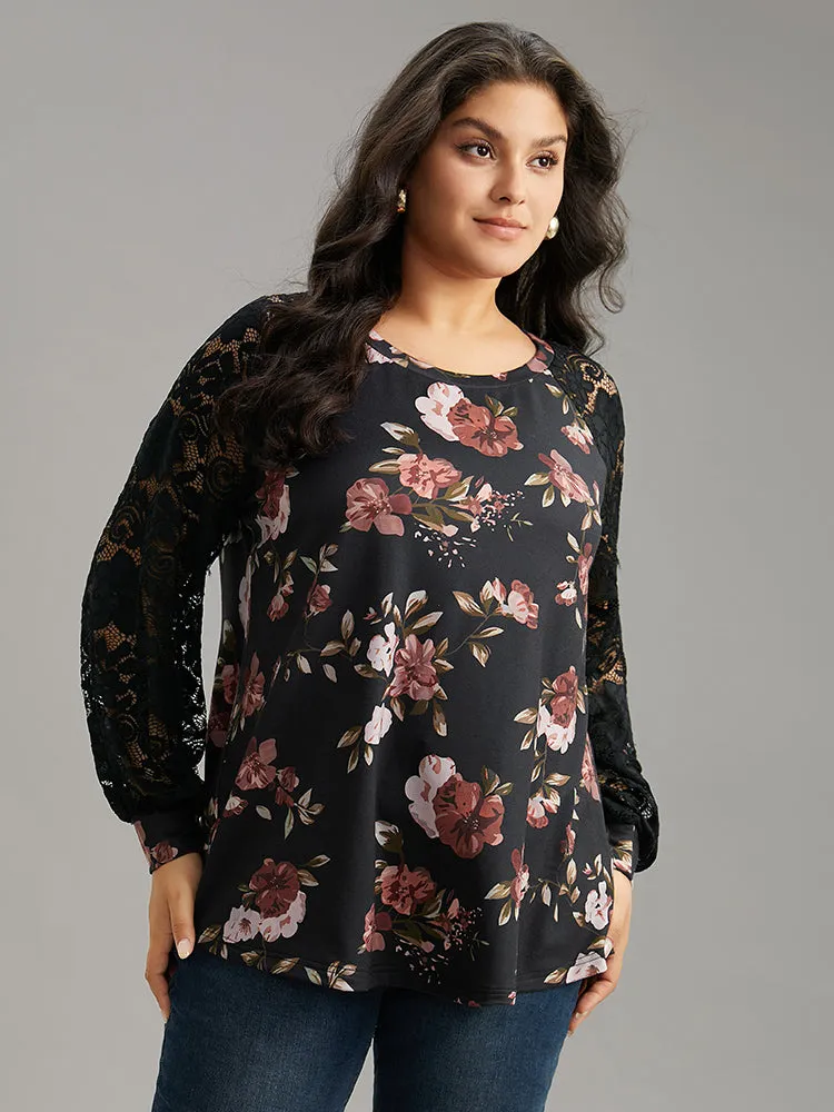 Floral Lace Panel Raglan Sleeve Sweatshirt sold by Bloomchic product image thumbnail 4