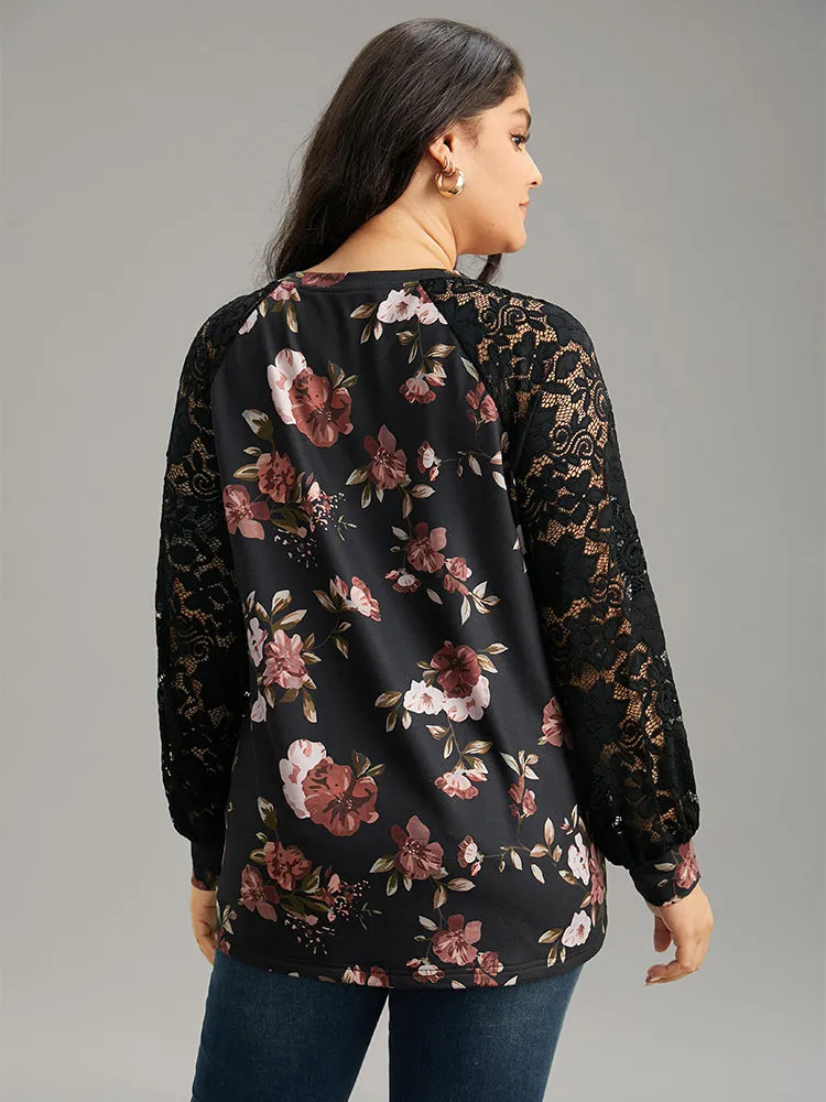 Floral Lace Panel Raglan Sleeve Sweatshirt sold by Bloomchic product image thumbnail 2