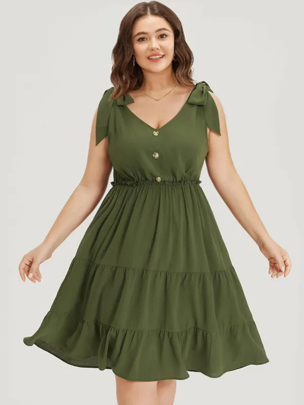 Ruffle Layered Hem Button Detail Knot Cami Dress sold by Bloomchic