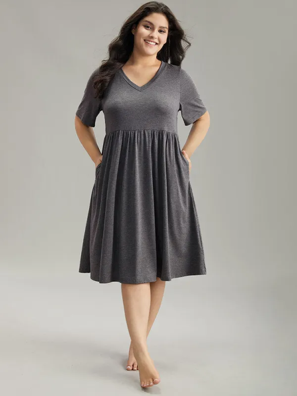 Plain Heather Elastic Waist Gathered Sleep Dress sold by Bloomchic