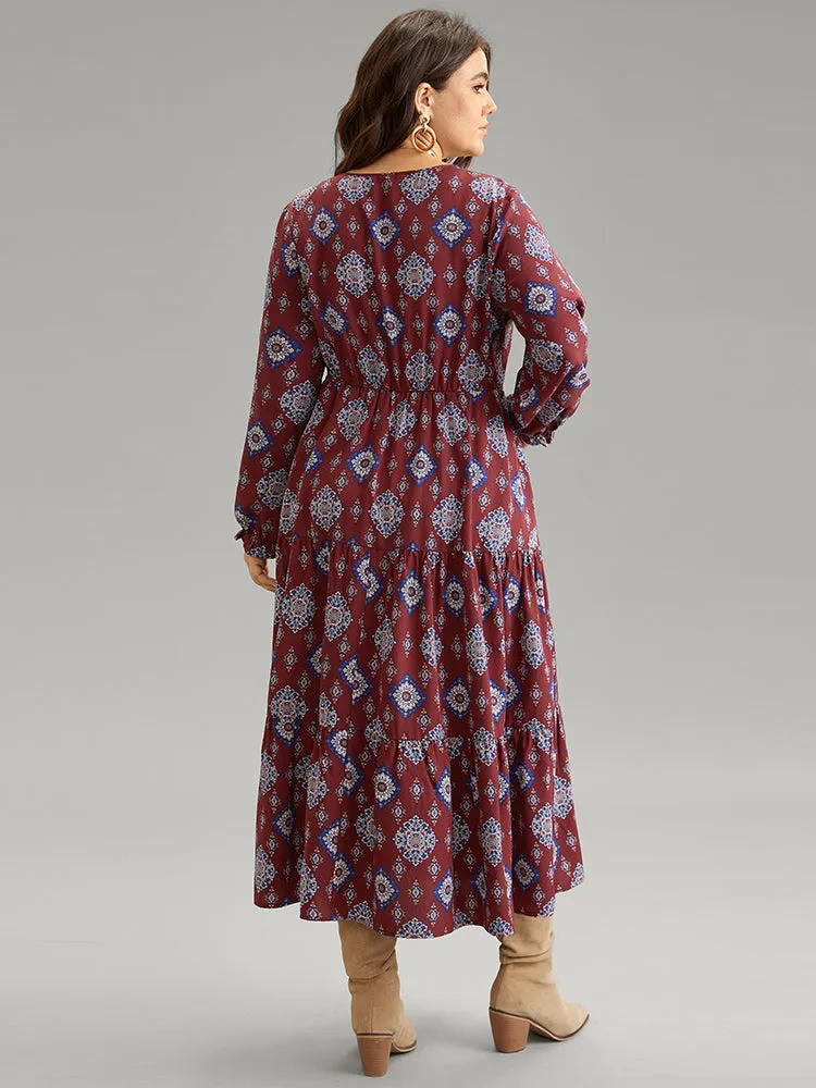 Boho Print Knot Neck Pocket Lantern Sleeve Dress sold by Bloomchic product image thumbnail 4