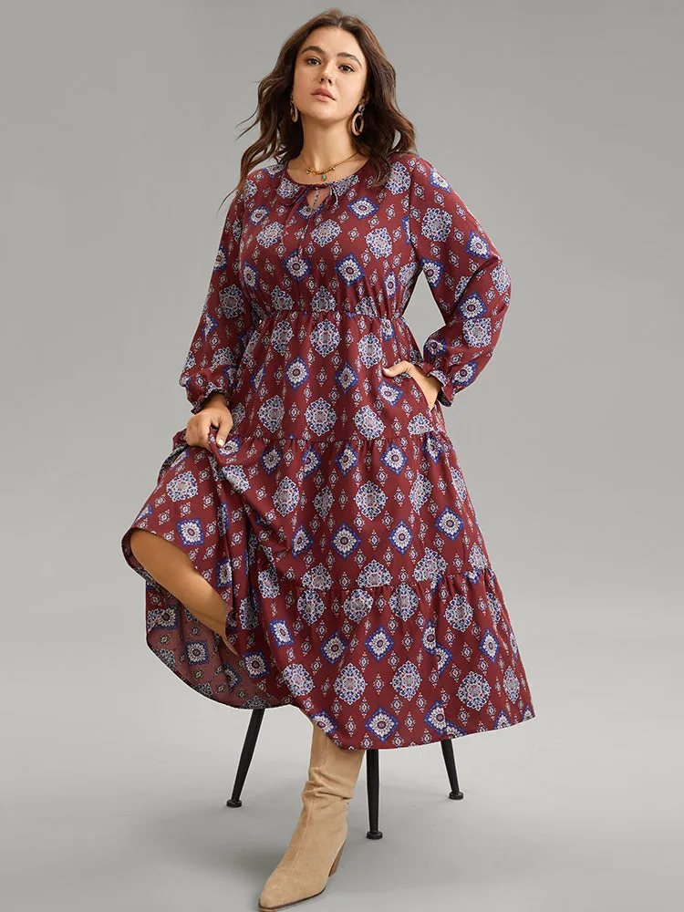 Boho Print Knot Neck Pocket Lantern Sleeve Dress sold by Bloomchic product image thumbnail 3