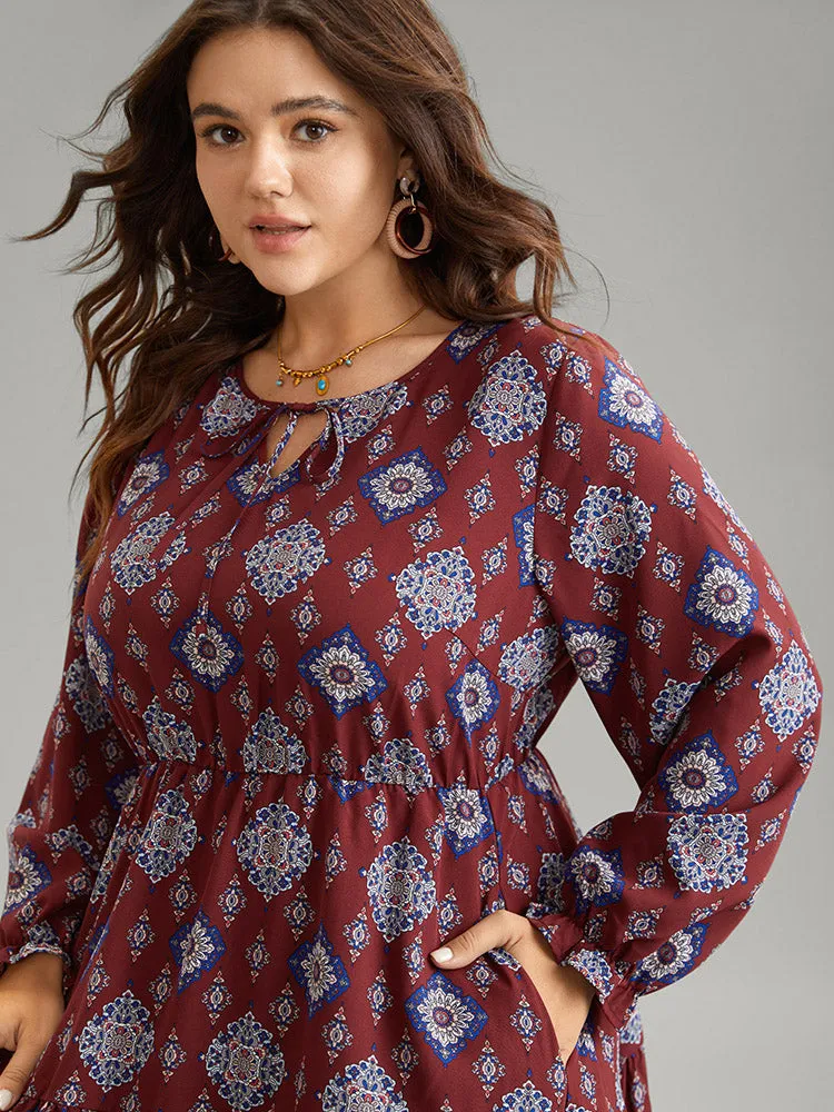 Boho Print Knot Neck Pocket Lantern Sleeve Dress sold by Bloomchic product image thumbnail 5