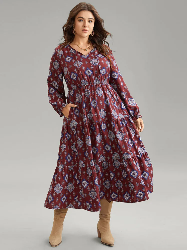 Boho Print Knot Neck Pocket Lantern Sleeve Dress sold by Bloomchic product image thumbnail 2
