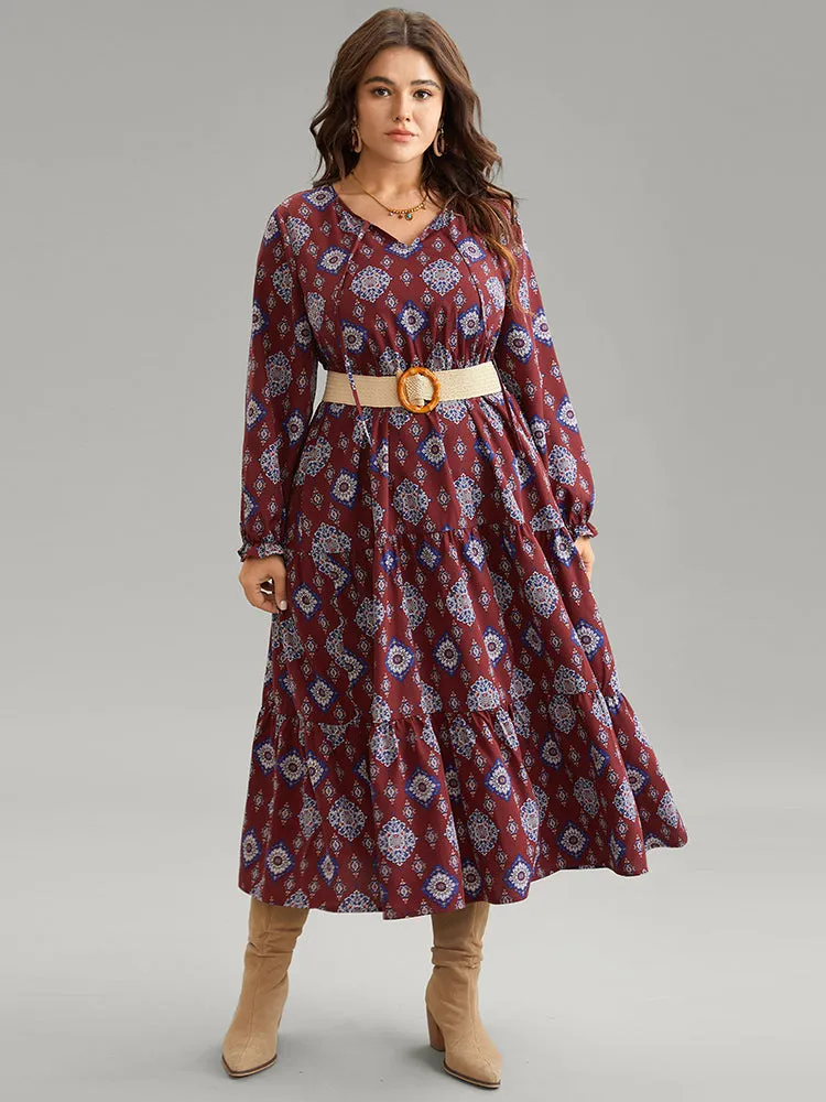 Boho Print Knot Neck Pocket Lantern Sleeve Dress sold by Bloomchic