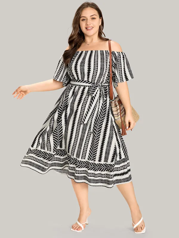 Striped Off Shoulder Pocket Patchwork Belted Dress sold by Bloomchic